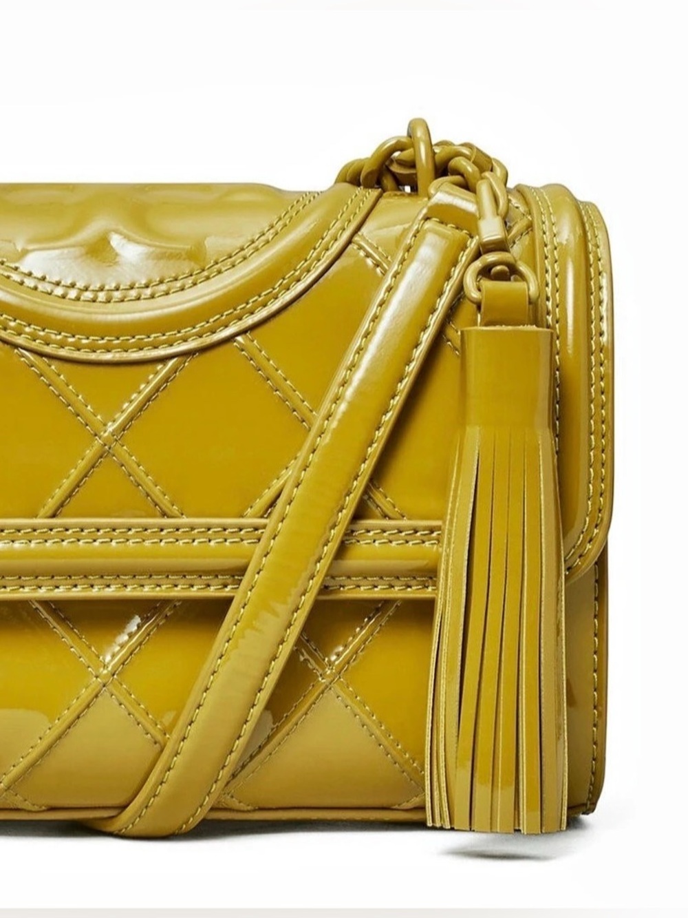 Tory Burch Fleming Patent Pintuck Small Convertible Shoulder Bag In Olive Green.